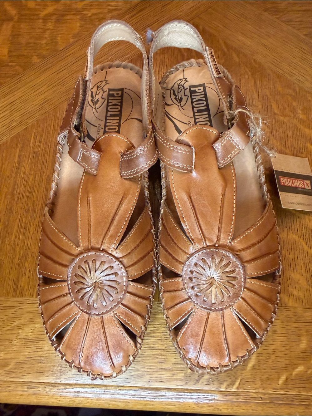 PIKOLINOS Puerto Vallarta Tan Leather Floral Cutout Slingback Sandals